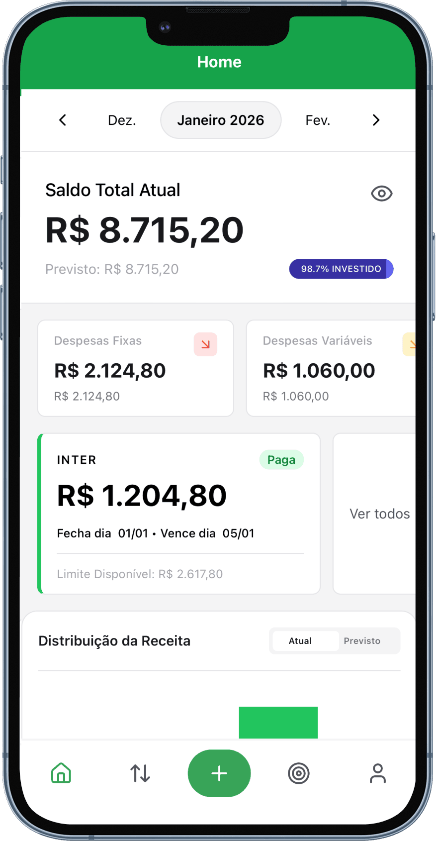 Resumo financeiro — visão geral do app